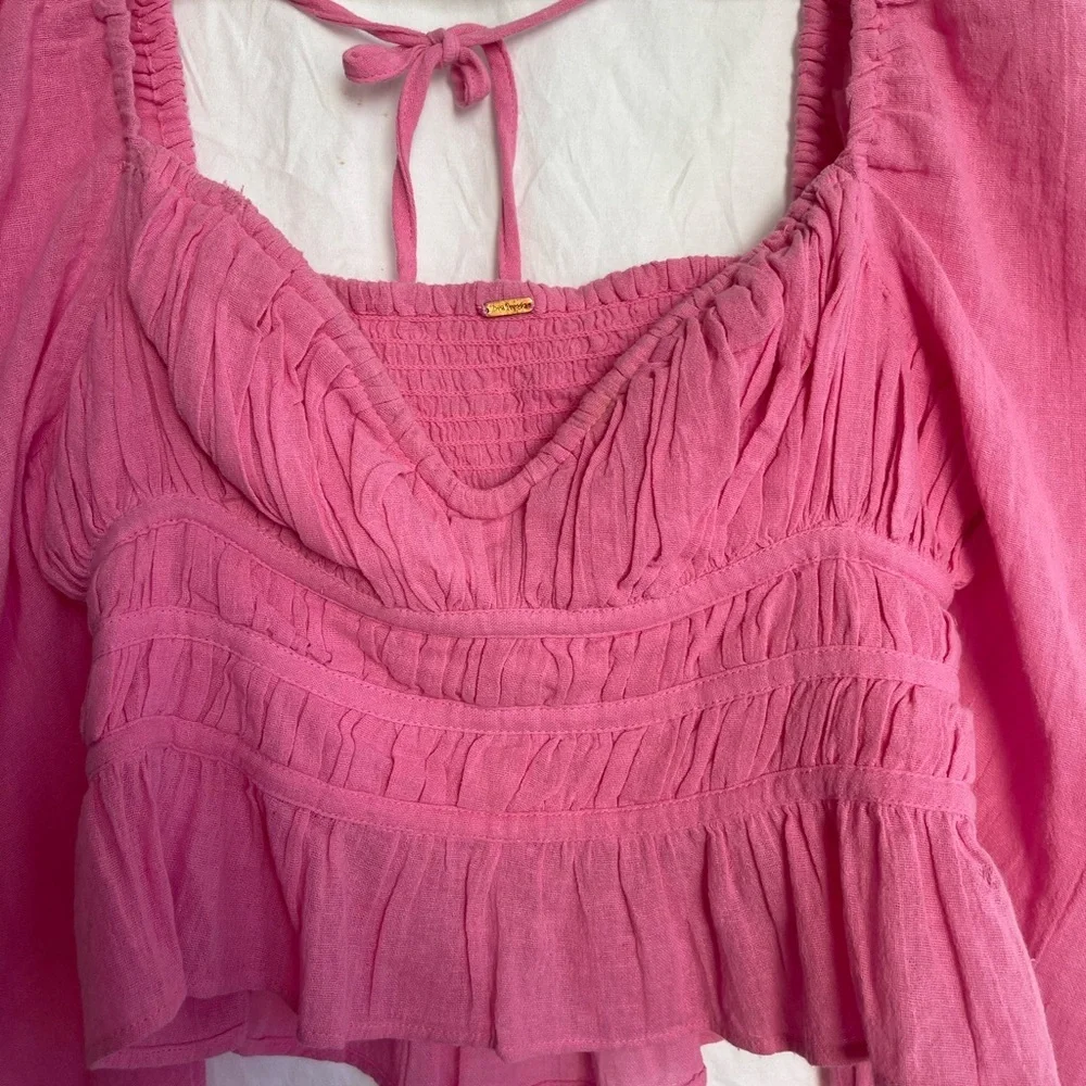 Free People Chloe Aurora Romantic Smocked Peplum Blouse Boho Coquette Size S